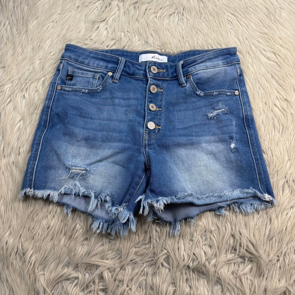 KanCan Women's L Light Wash Button Fly Cut Off Denim Shorts Festival Summer